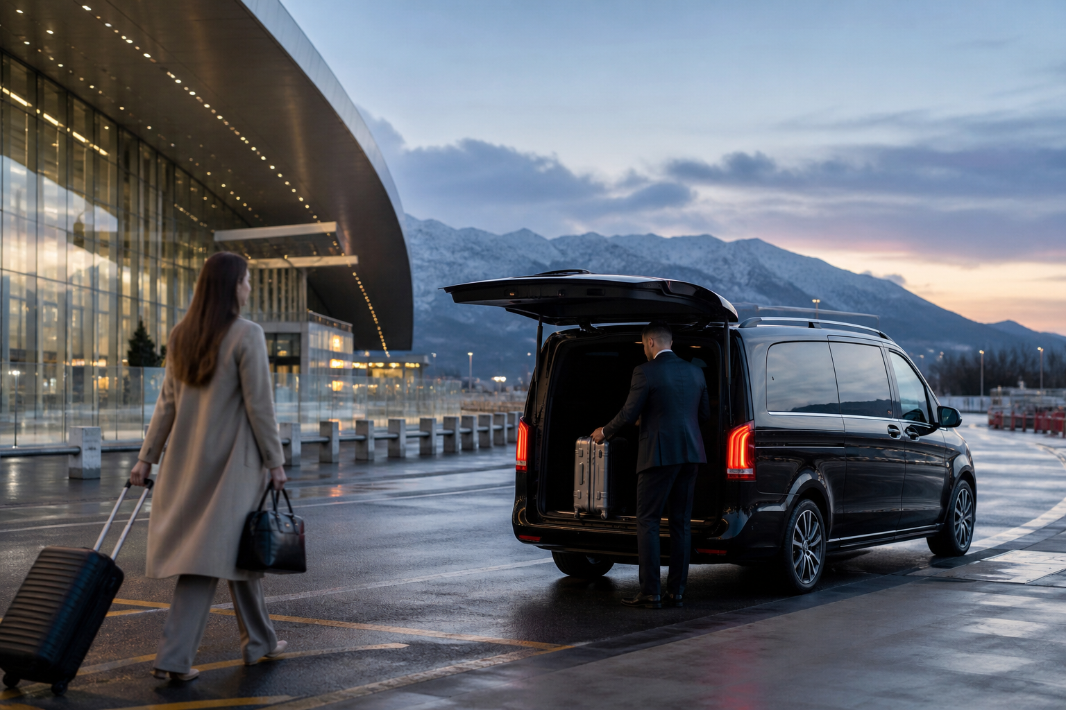 Premium chauffeur van waiting at an airport for an alpine transfer