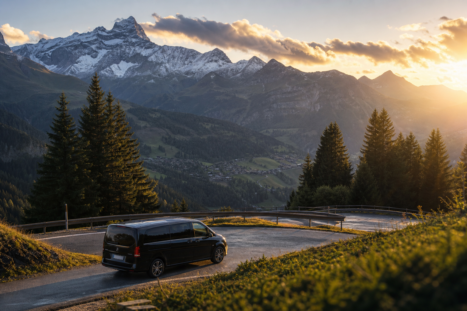 Luxury transfer van on a mountain road near Villars-sur-Ollon at golden hour