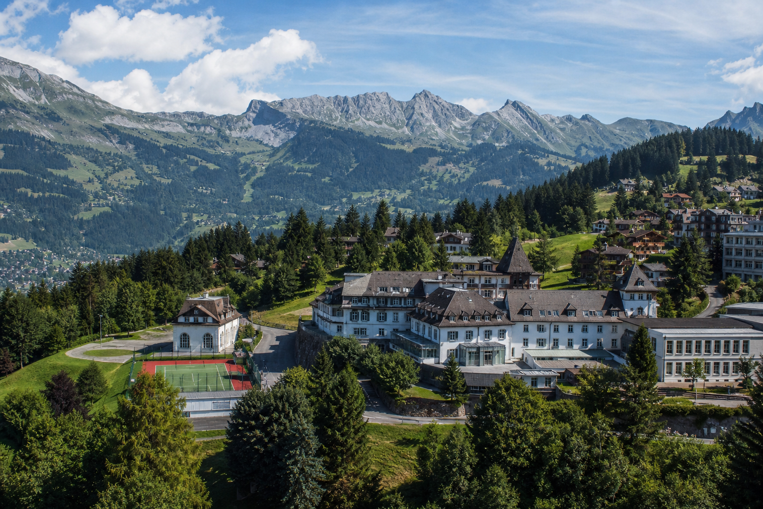 International private school campuses in an alpine Swiss village