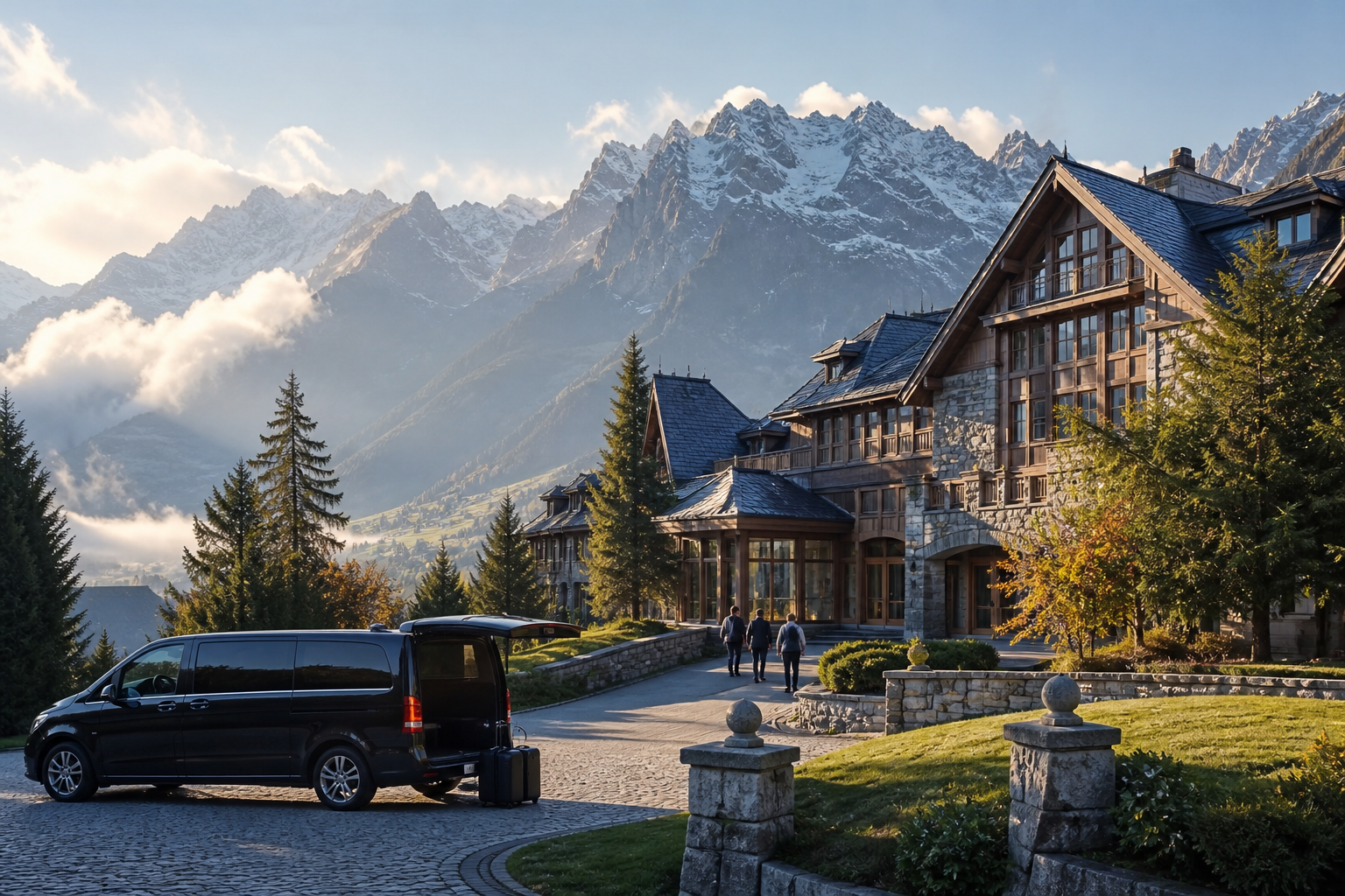 Alpine boarding school campus with mountains and a discreet transfer vehicle
